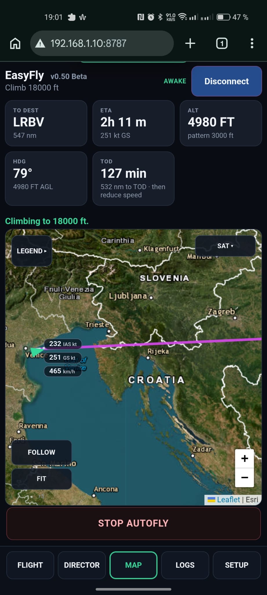 EasyFly on phone — map live